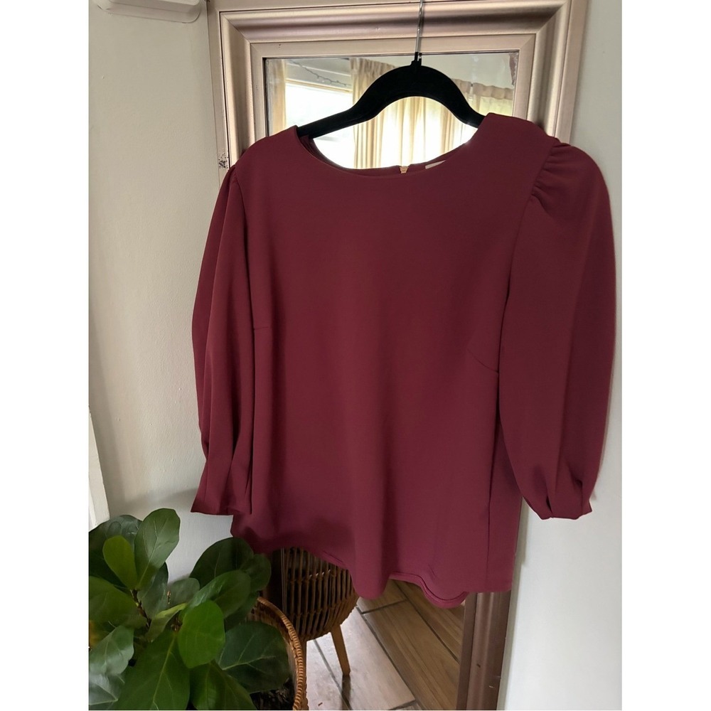 MELLODAY Womens Long Sleeve Round Neck‎ Puff Shoulder Blouse Burgundy Medium